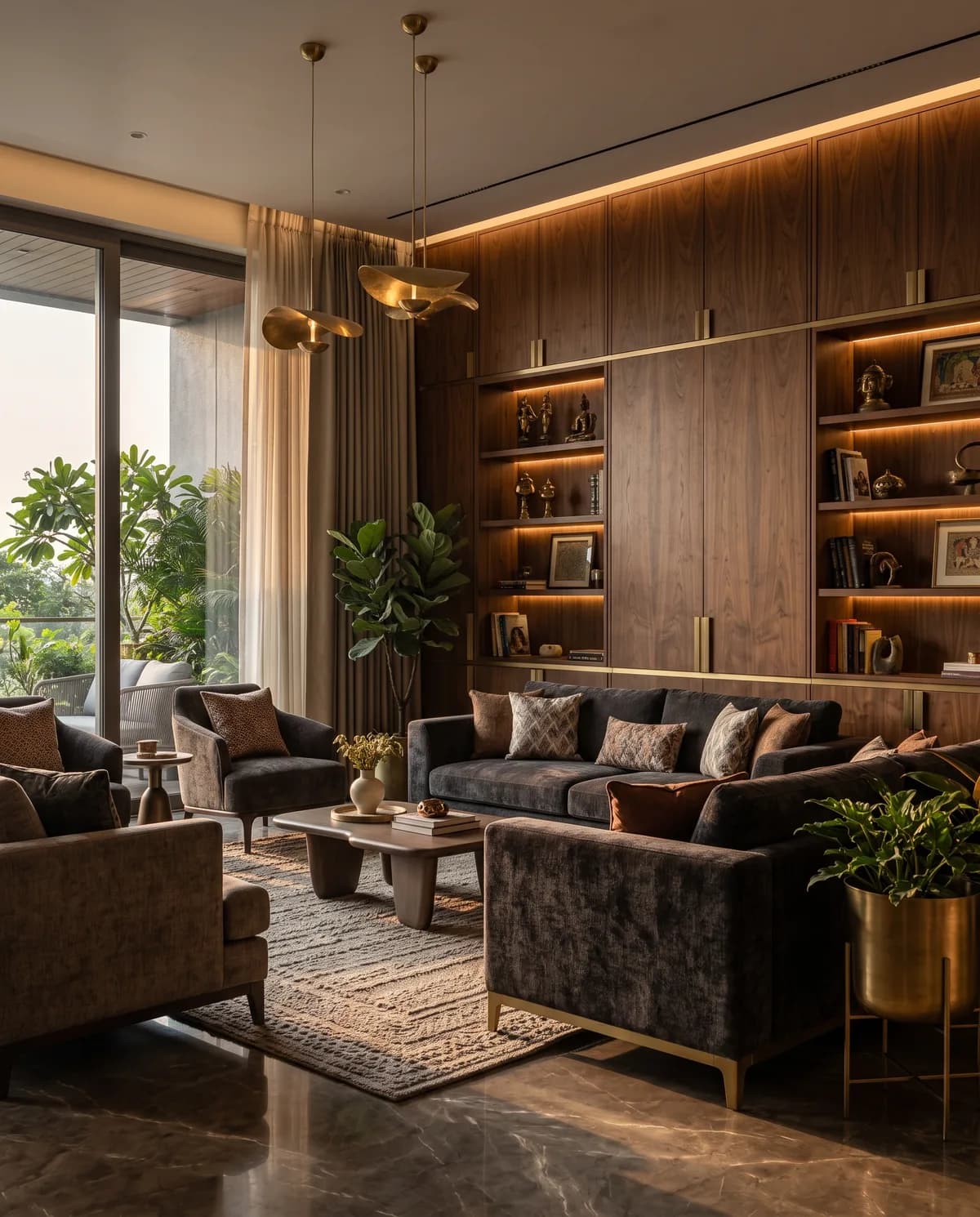 Dark, bespoke luxury living room interior for KNB Luxe